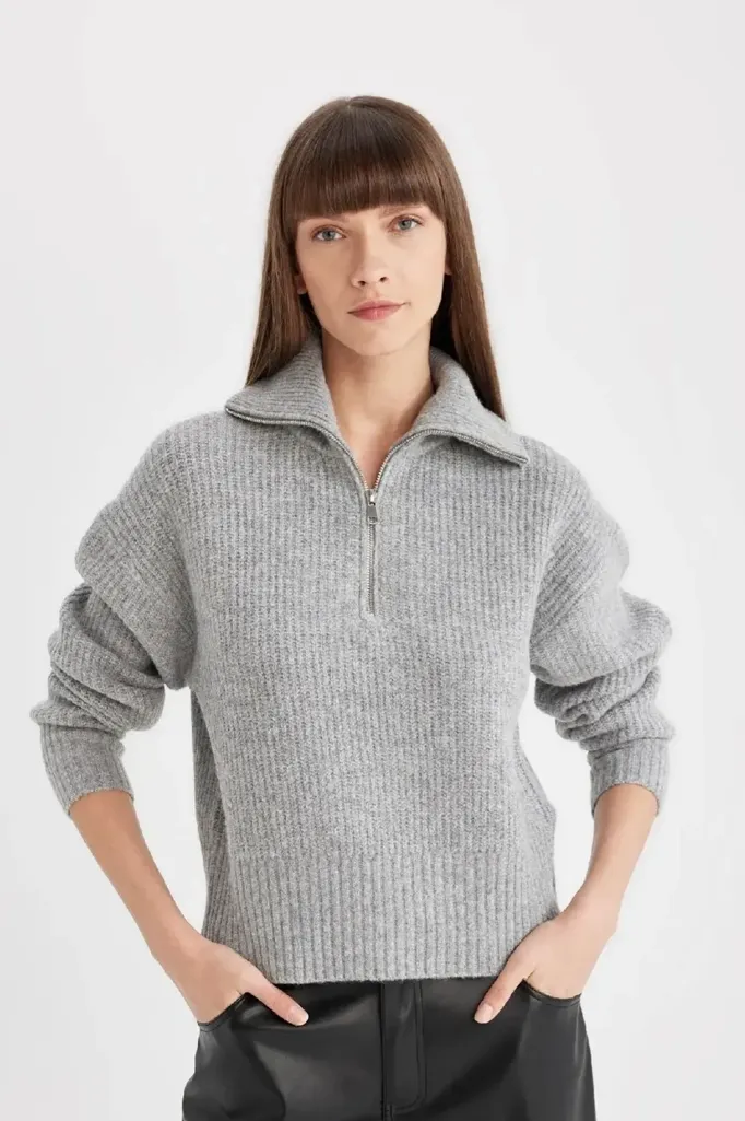 Grey Solid Half-Zip Sweater - Image 1