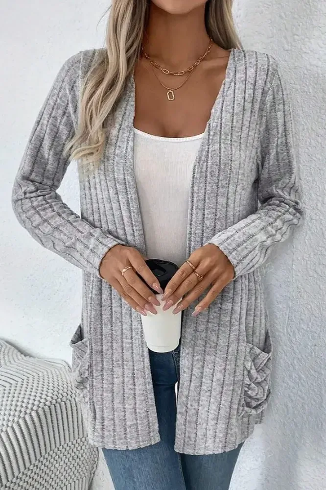 Grey V-Neck Open Front Cardigan - Image 1