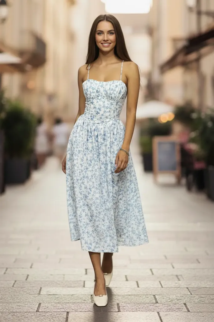 Light Blue Floral Tie-Up Midi Dress - Image 1
