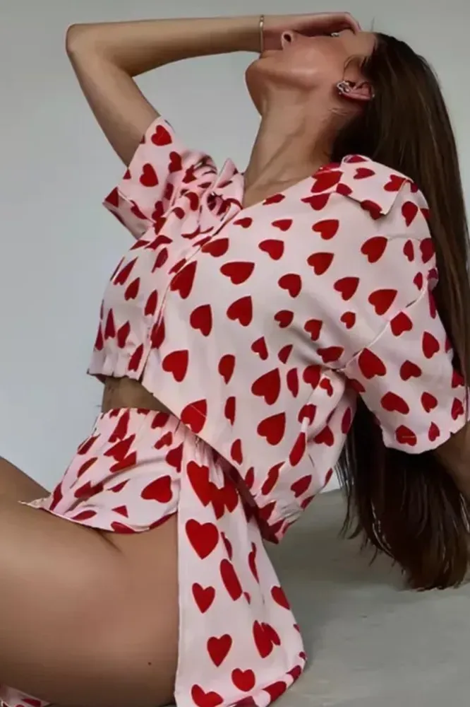 Pink Heart Print Shorts Co-Ord Set - Image 1