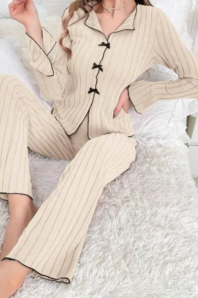 Cream Striped Lapel Collar Co-Ord Set - Image 1