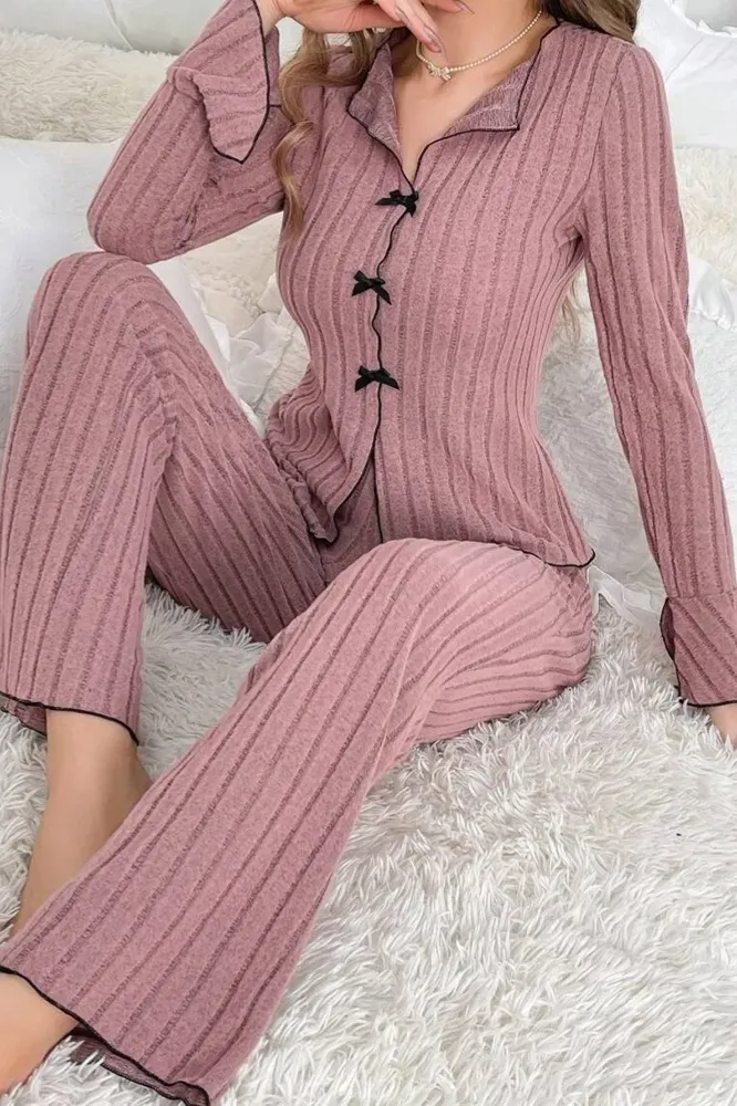 Pink Striped Lapel Collar Co-Ord Set - Image 1