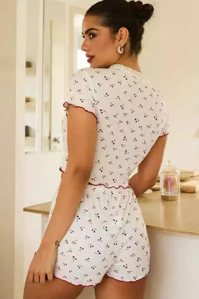 Red Ditsy V-Neck Co-Ord Set - Image 1