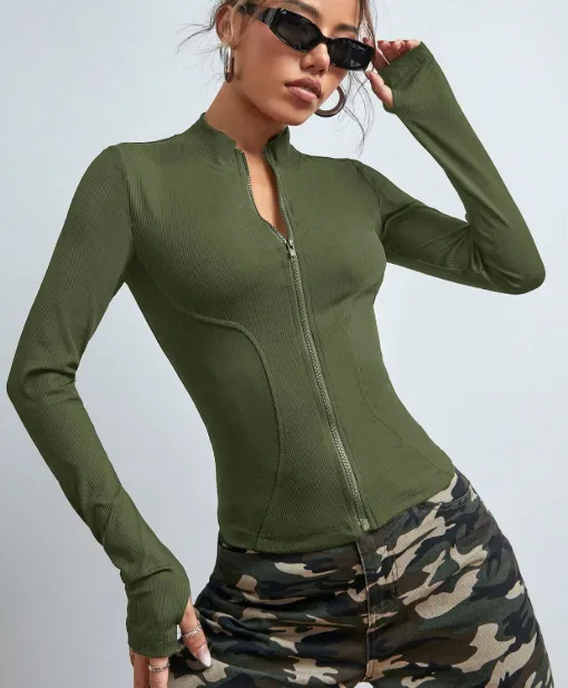 Olive Solid Fitted Zipper Jacket - Image 1
