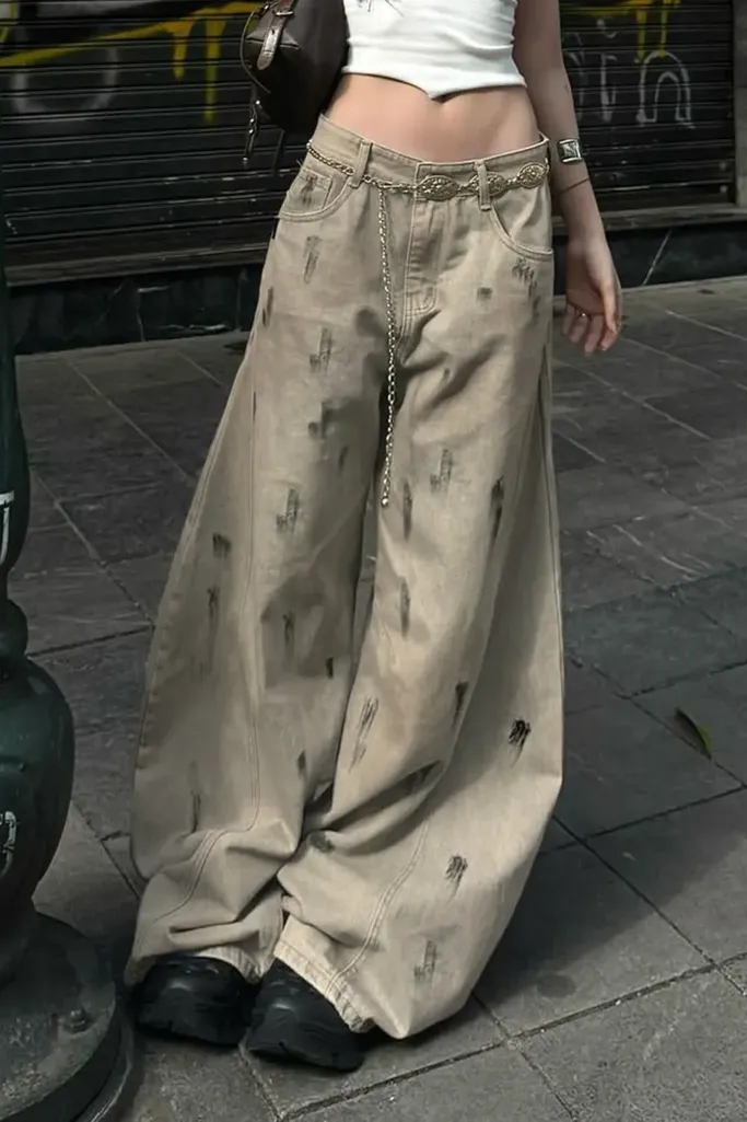 Khaki Abstract Wide Leg Jeans - Image 1