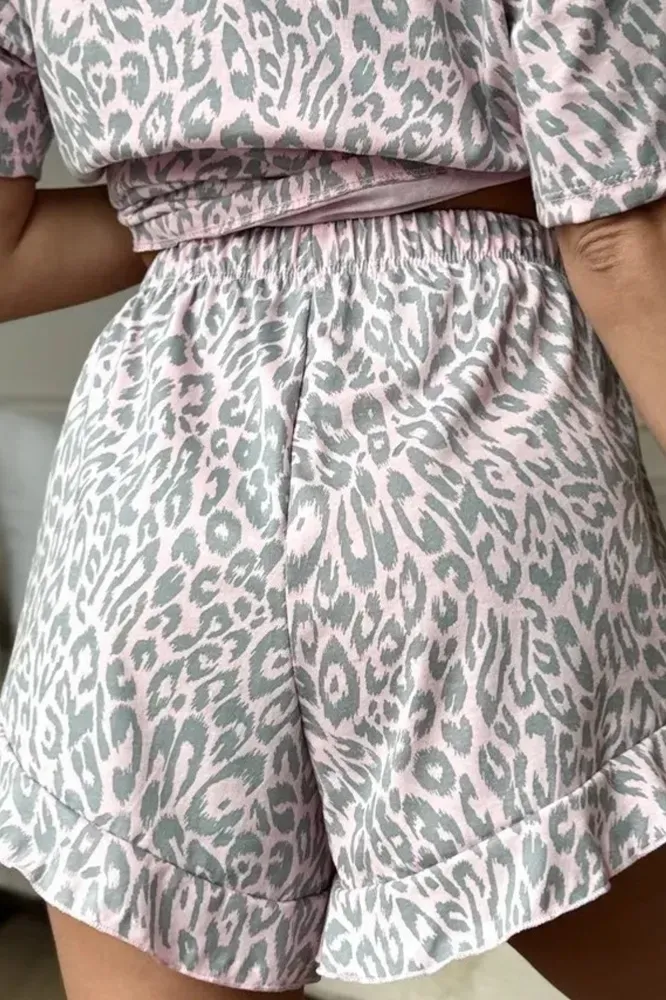 Light Pink Leopard Print Ruffle Co-Ord Set - NEWME