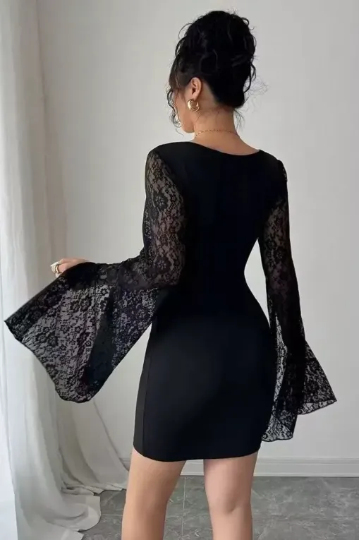lace insert bodycon dress Black Mini Sweetheart neck