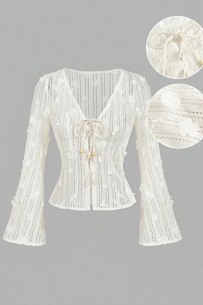Off White V-Neck Lace Tie-Up Top - Image 1
