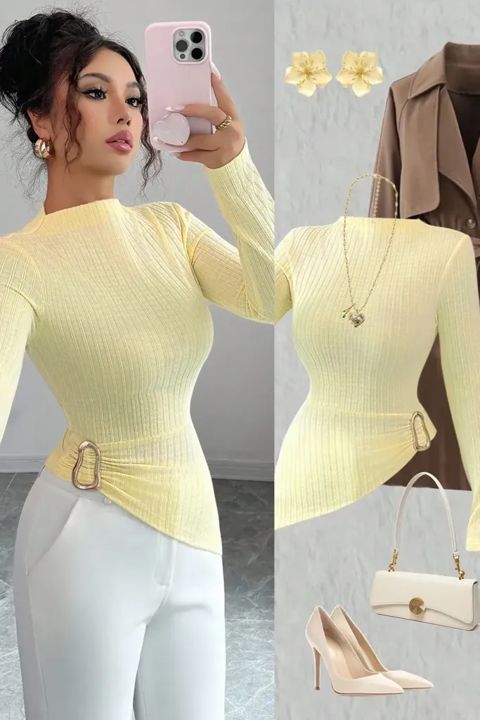 Light Yellow Mock Neck Asymmetric Top - Image 1
