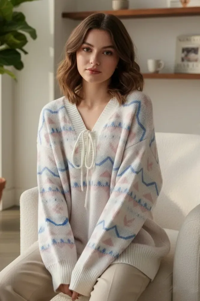 Cream Abstract V-Neck Tie-Up Sweater - Image 1