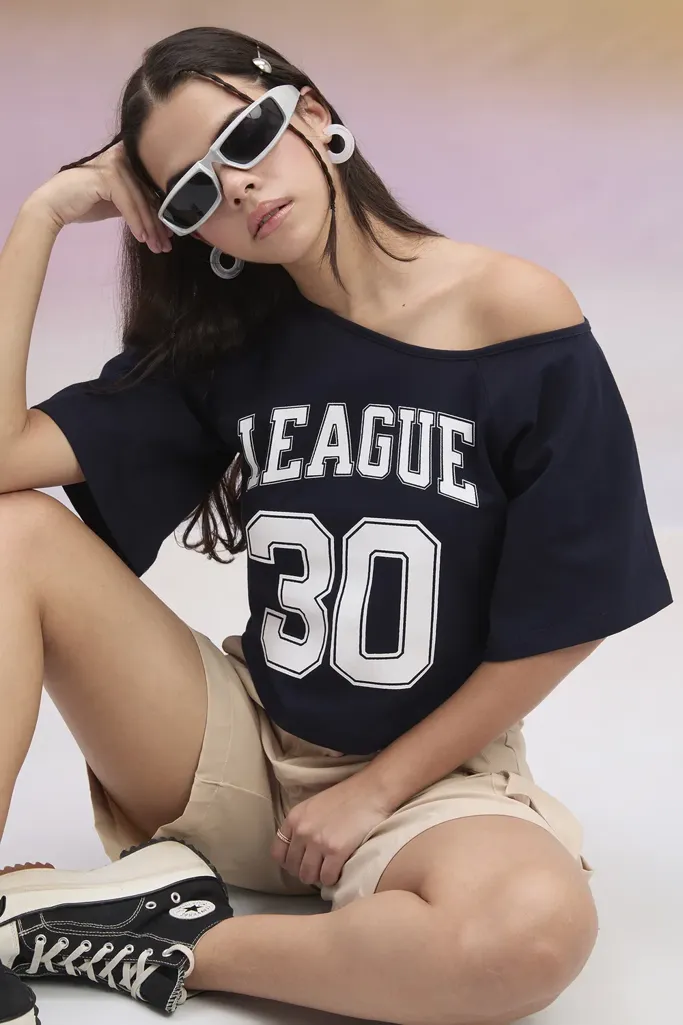 Navy Blue Graphic Off Shoulder T-Shirt - Image 1