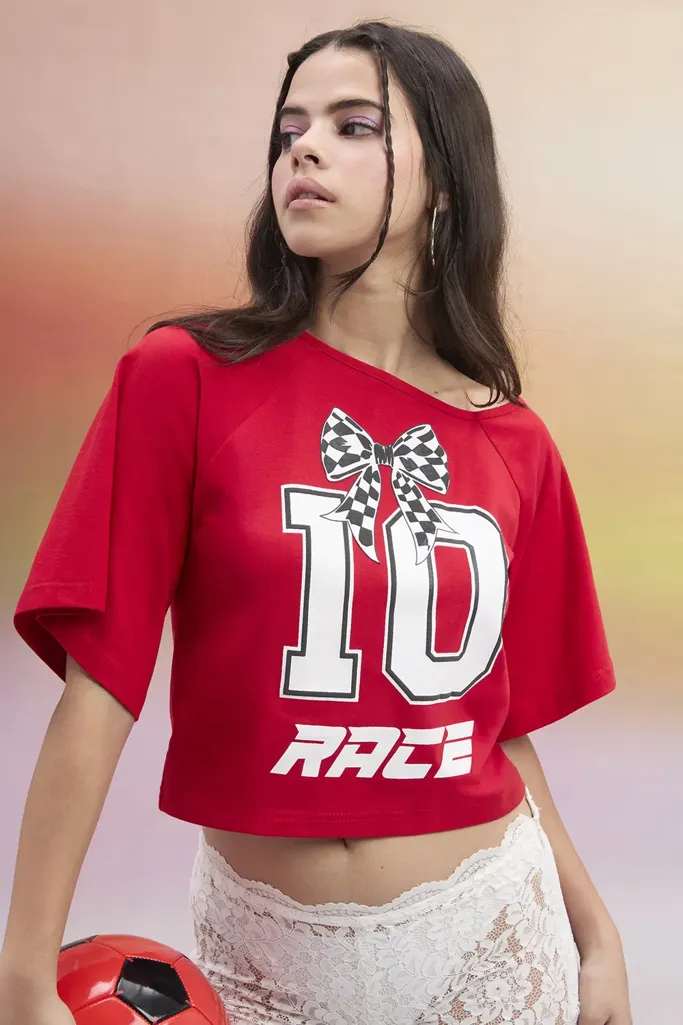 Red Graphic Off Shoulder T-Shirt - Image 1