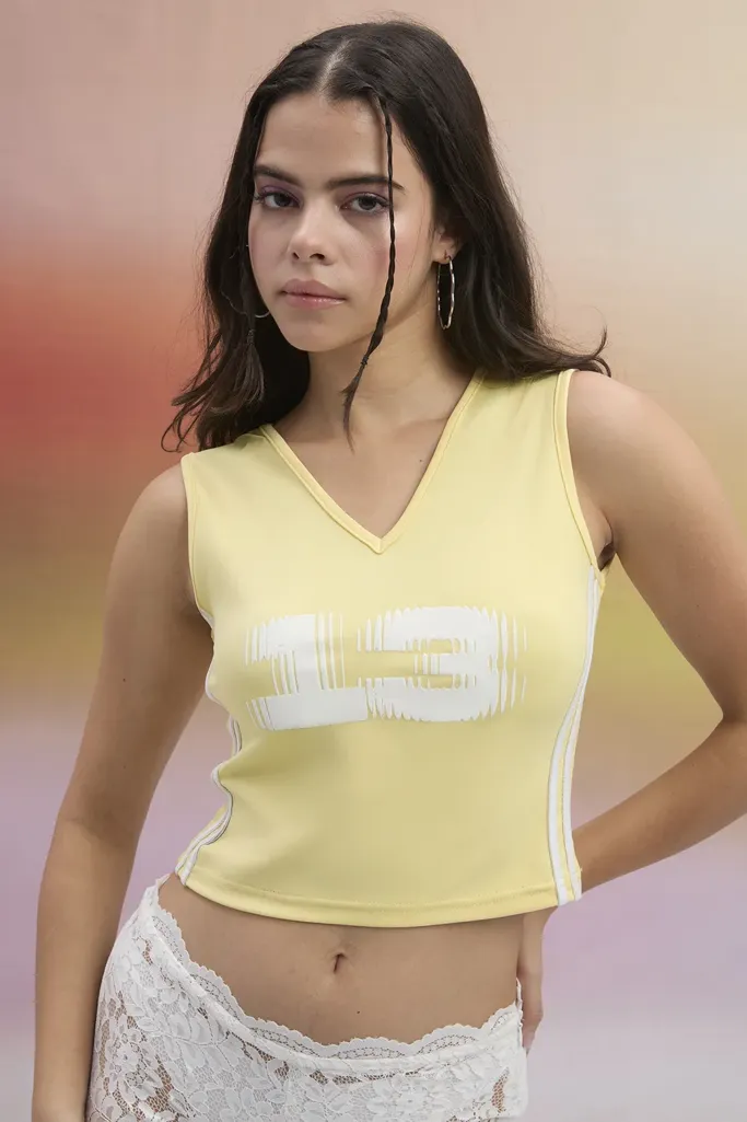 Yellow Graphic V-Neck Crop T-Shirt - Image 1