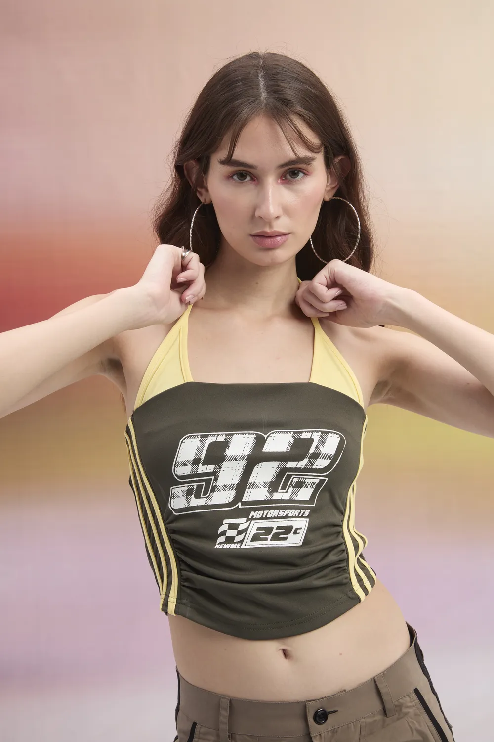 Olive Graphic Halter Neck Top - NEWME