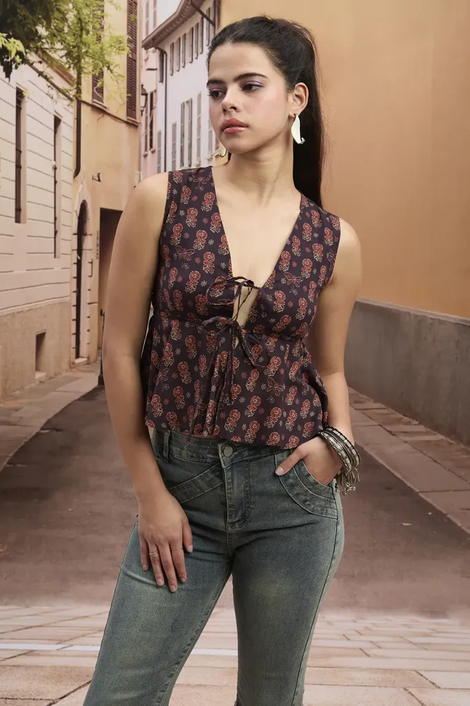 Black Ethnic Print V-Neck Tie-Up Top - Image 1