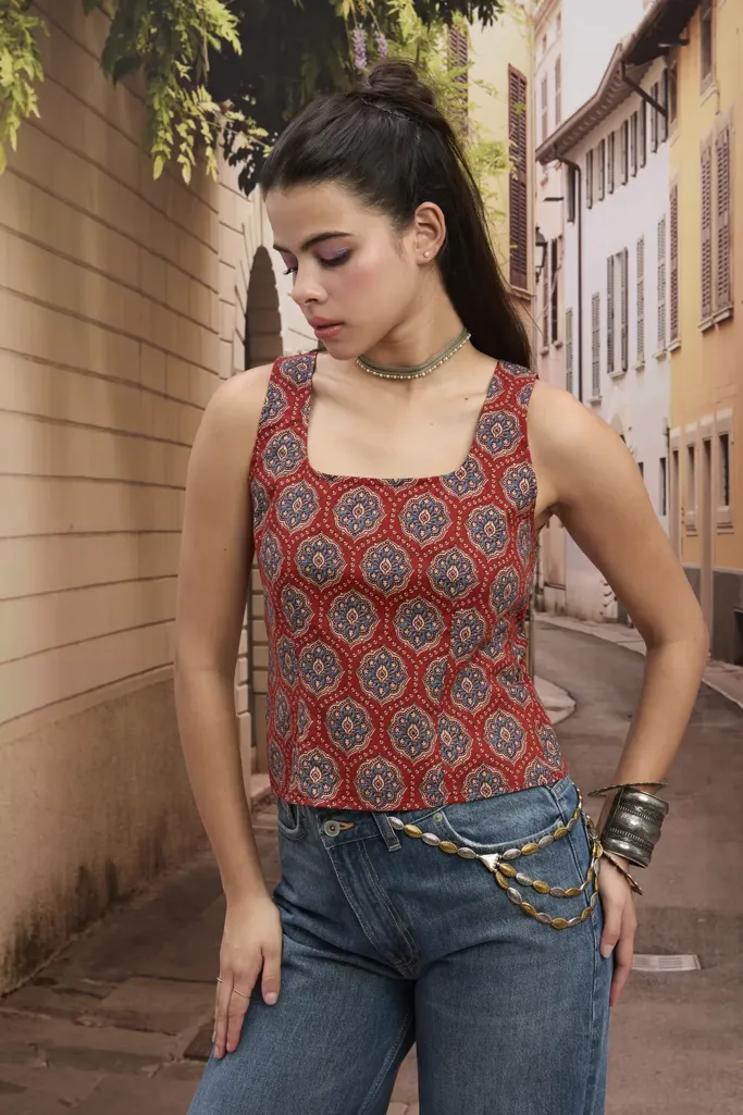 Red Ethnic Print Square Neck Top - Image 1