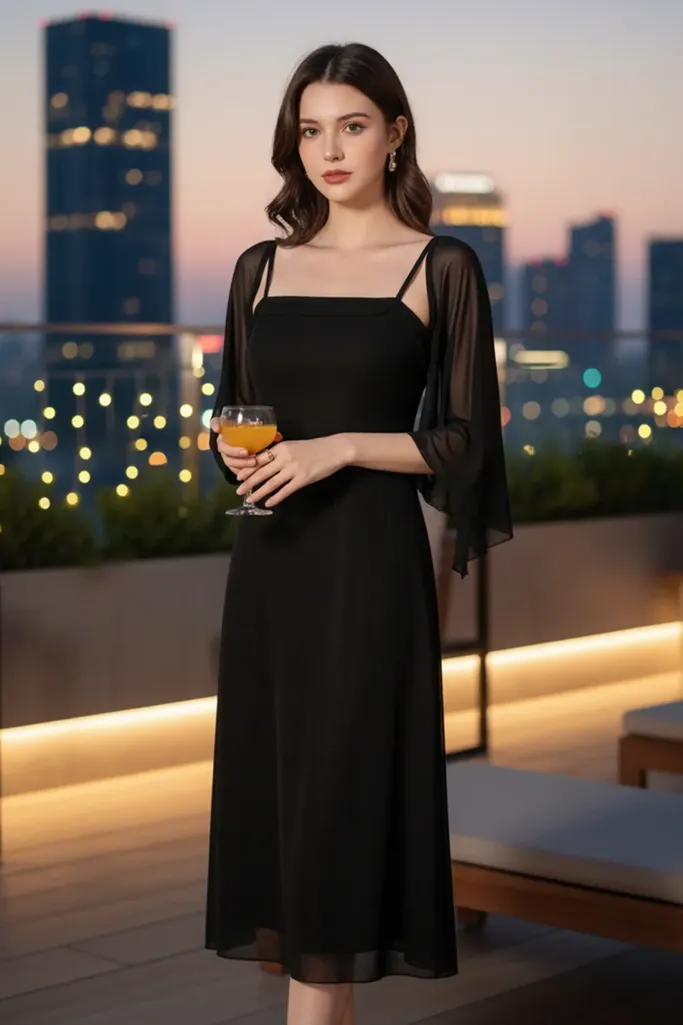 Black Square Neck A-Line Midi Dress - Image 1