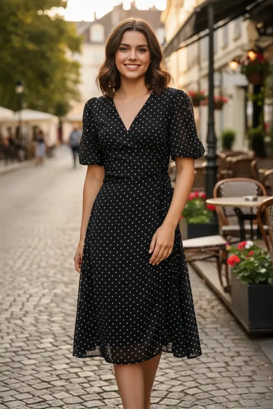 Floerns Women's Polka Dot Wrap V-Neck Midi Dress - Short Sleeve, Belted Waist, A-Line Pleated
