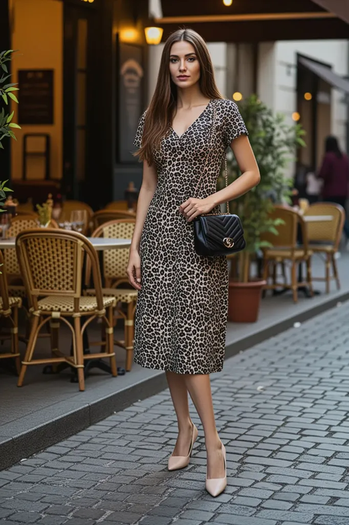 Black Leopard Print V-Neck A-Line Midi Dress - Image 1