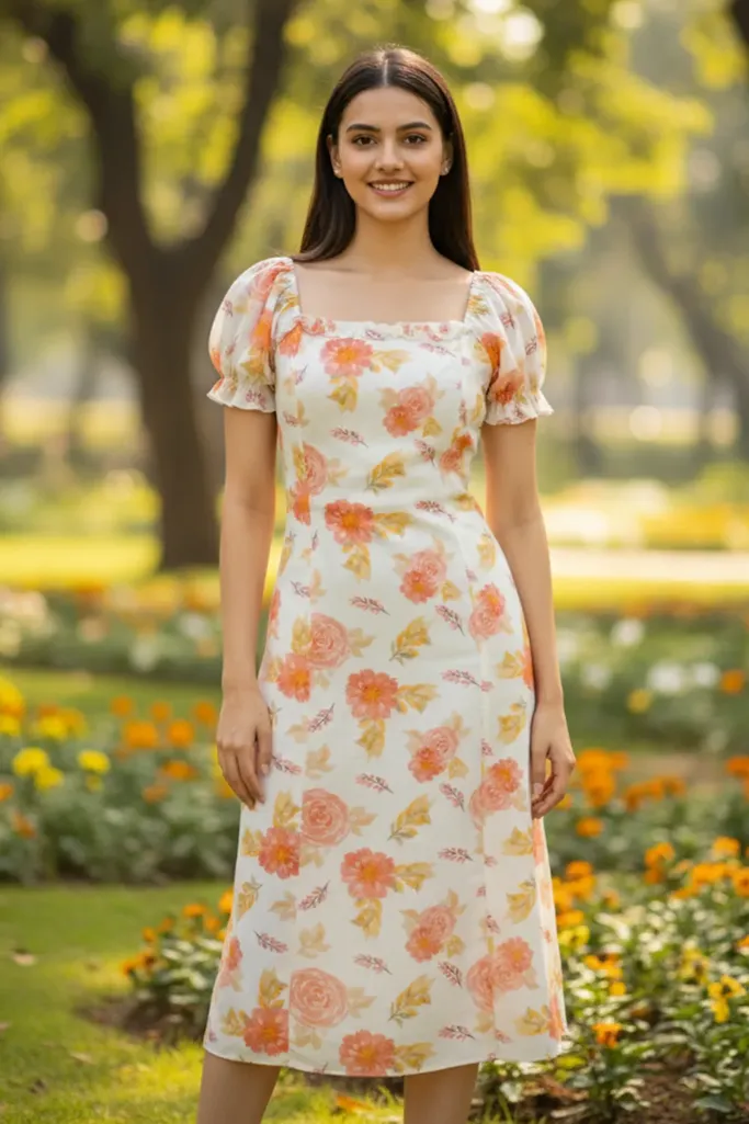 Off White Scoop Neck Floral Midi Dress - Image 1