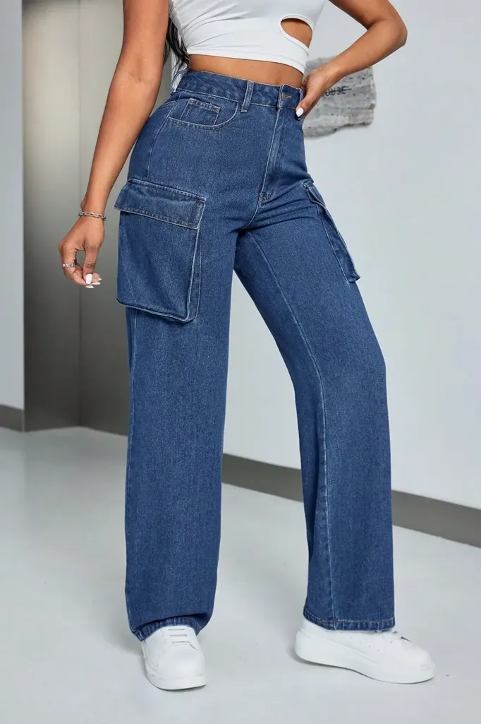 Blue Solid High Rise Cargo Jeans - Image 1