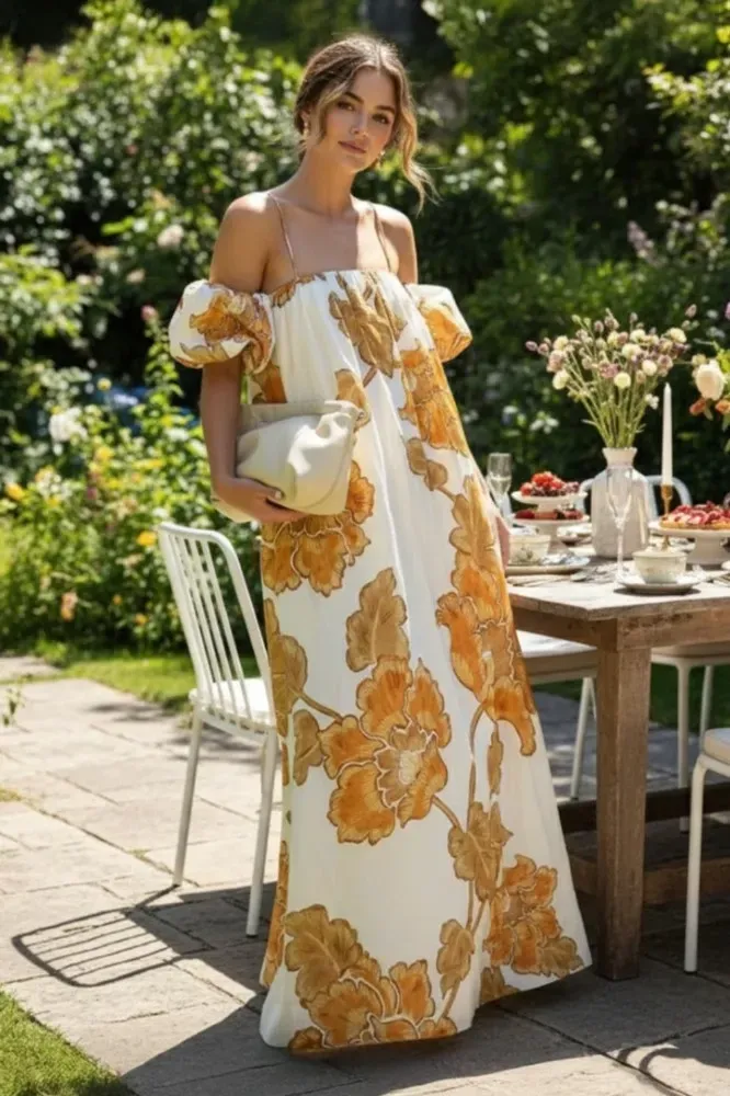 Yellow Floral Off-Shoulder Maxi Dress