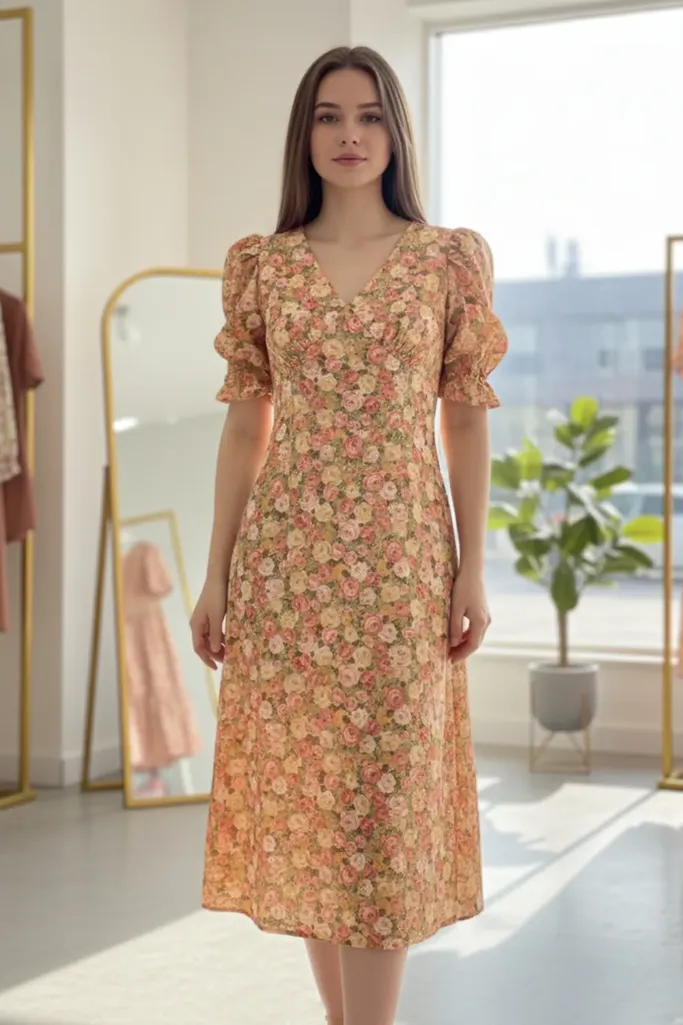 Orange Floral V-Neck A-Line Midi Dress - Image 1