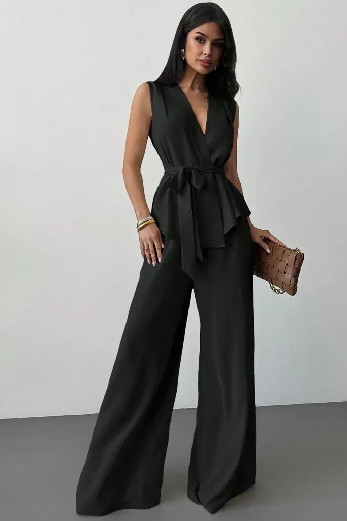 Black Solid V-Neck Tie-Up Co-Ord Set - Image 1