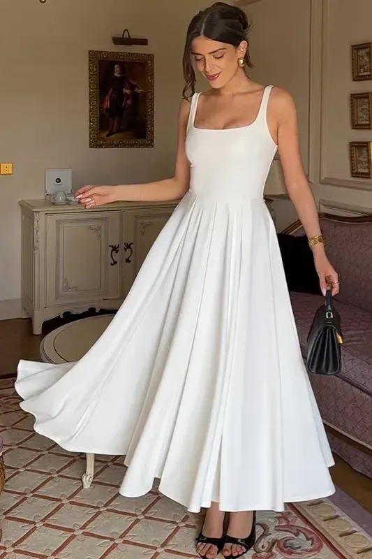 White Solid Square Neck Maxi Dress - Image 1