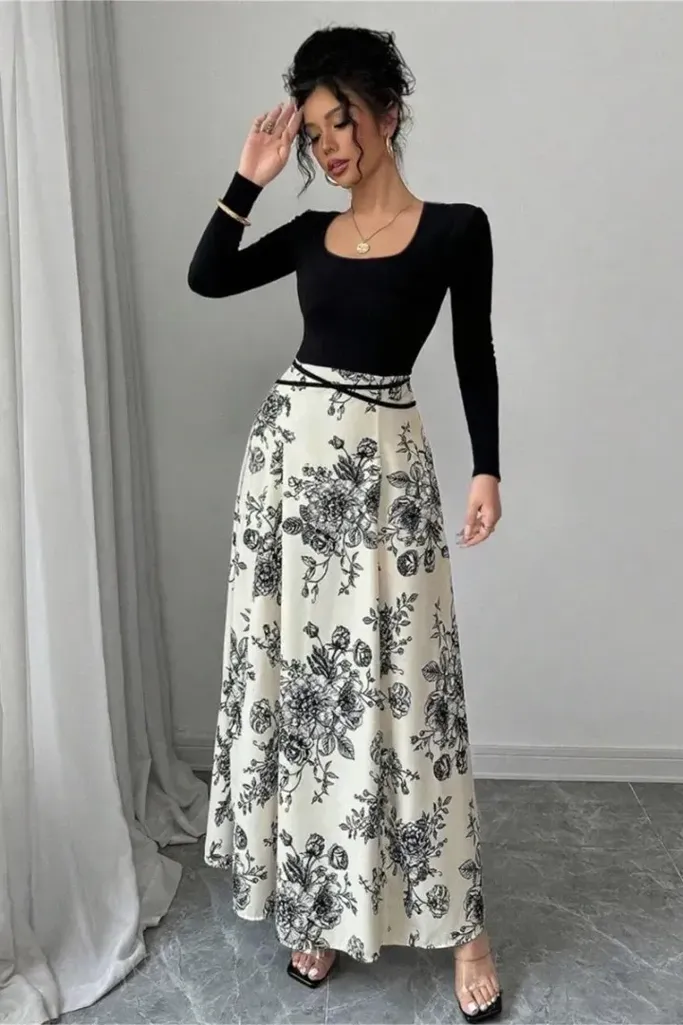 Black Floral Scoop Neck Maxi Dress - Image 1
