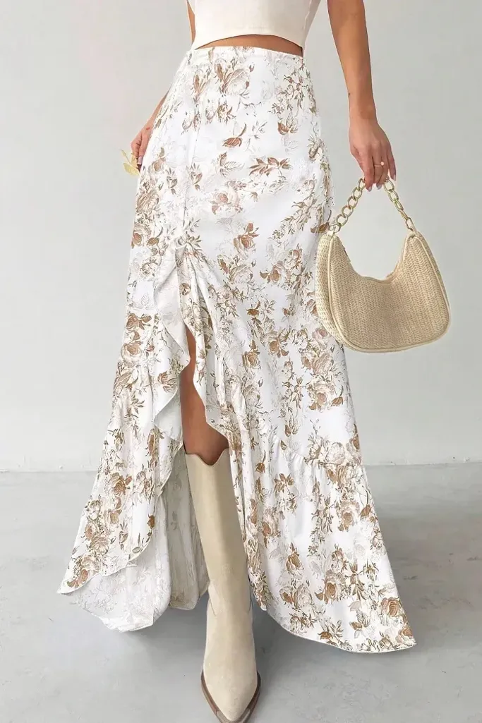 White Floral Ruffled Slit Maxi Skirt - Image 1