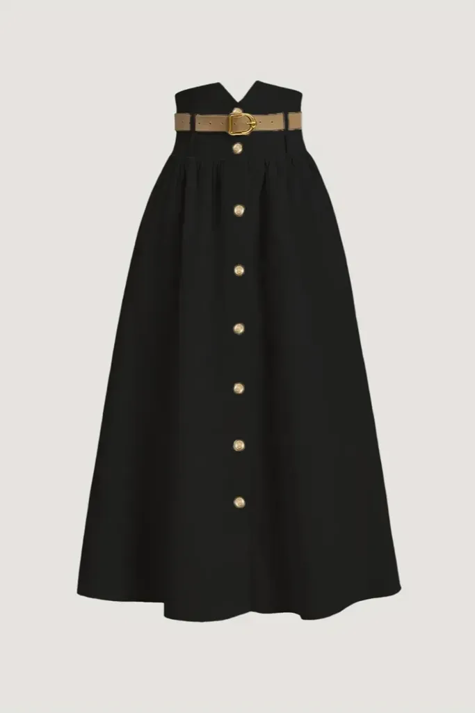 Black Solid Buttoned Maxi Skirt - Image 1