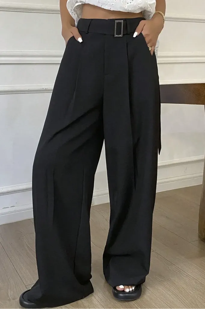 Black High Rise Belted Formal Pants - Image 1