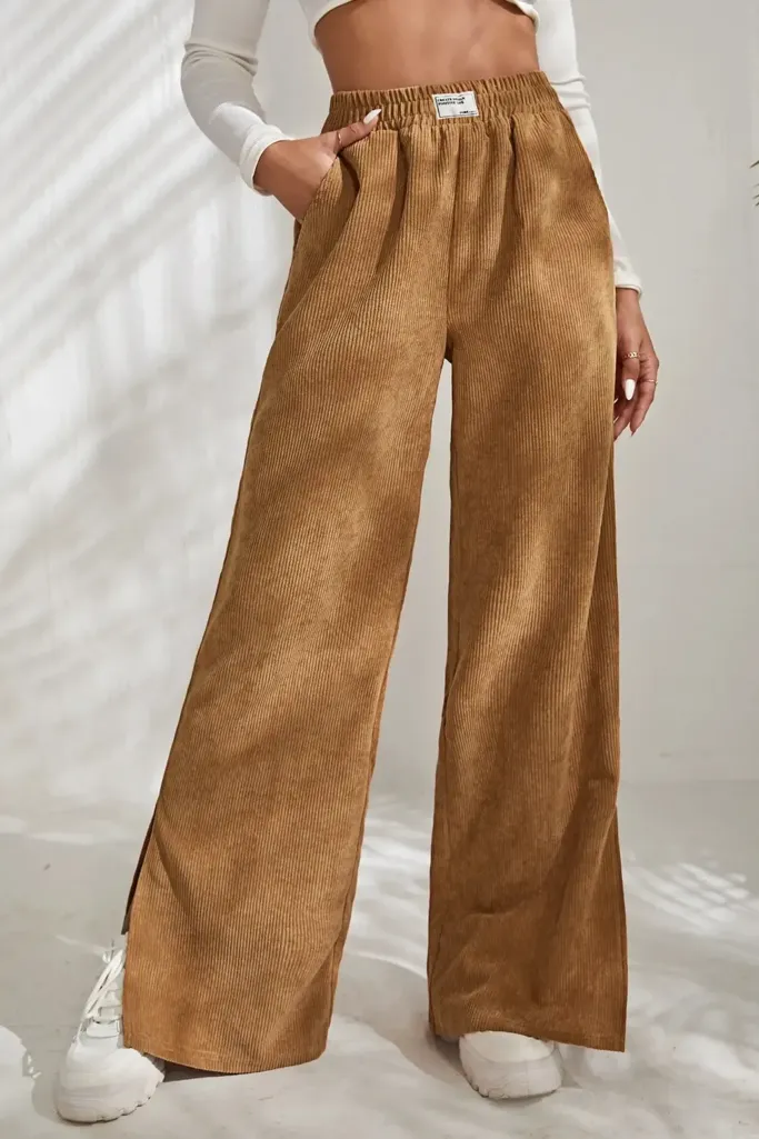 Brown Mid Rise Slit Wide Leg Pants - Image 1