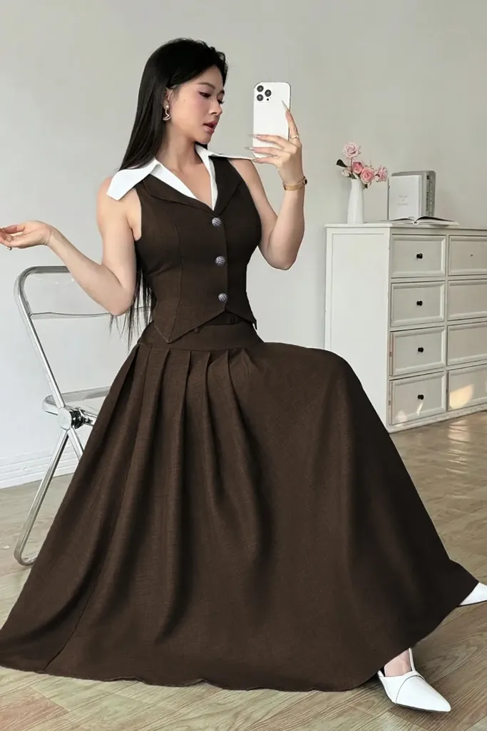 Brown Solid High Rise A-Line Maxi Skirt - Image 1
