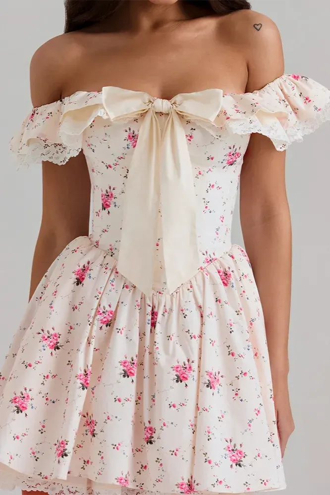 Cream Off-Shoulder Floral Ruffled Mini Dress
