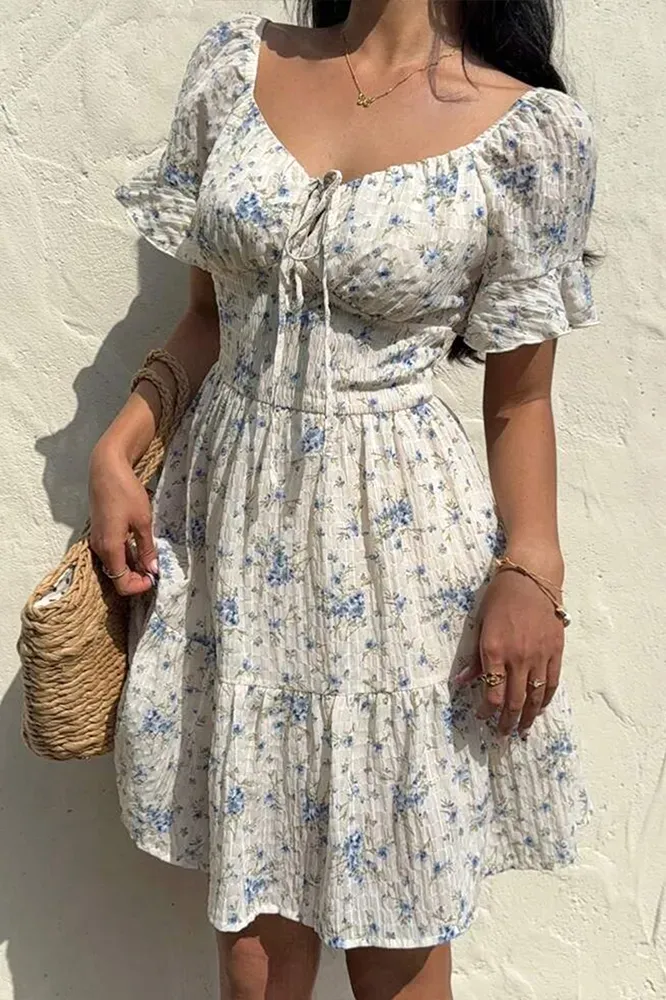 White Floral Tie-Up Mini Dress - Image 1