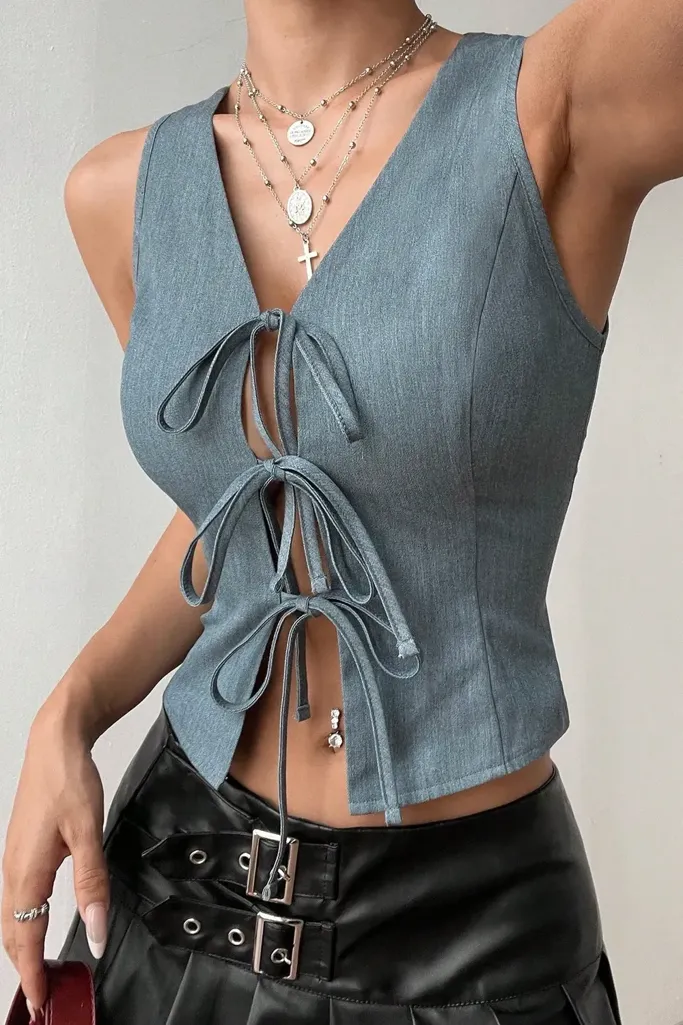 Grey V-Neck Tie-Up Crop Top - Image 1
