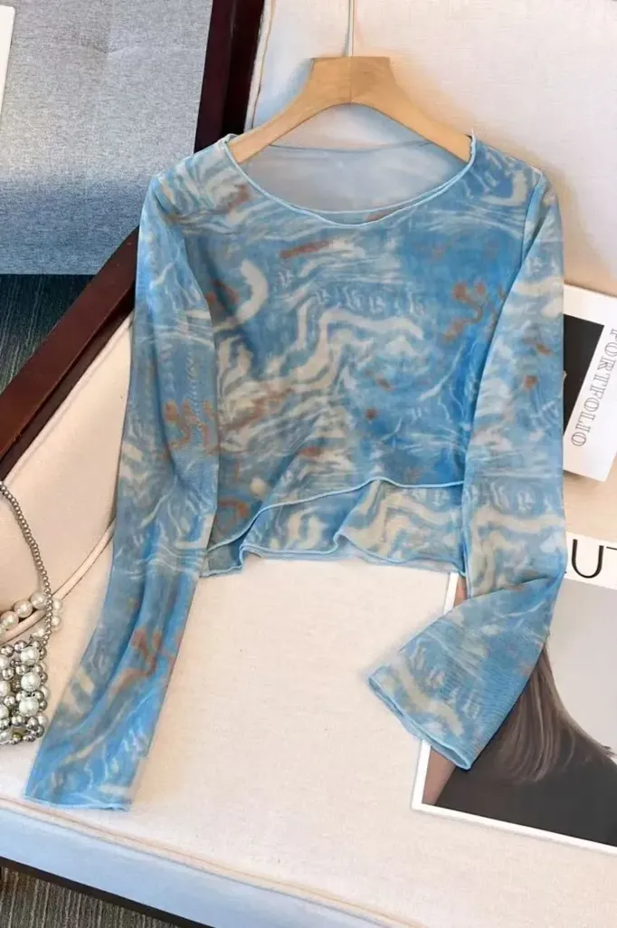 Light Blue Abstract Round Neck Top - Image 1