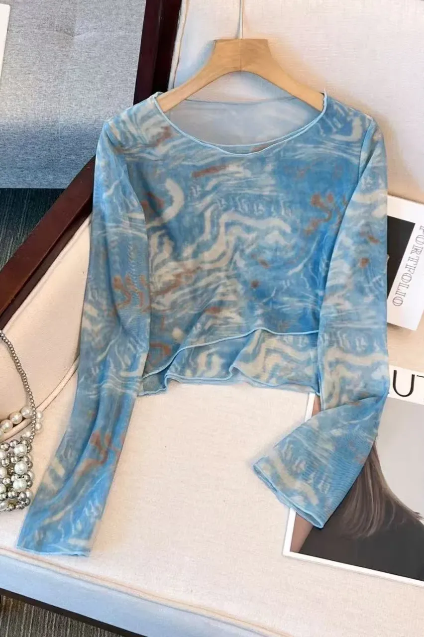 Light Blue Abstract Round Neck Top