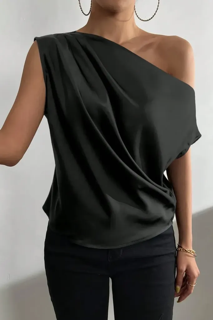 Black Draped One-Shoulder Top - Image 1