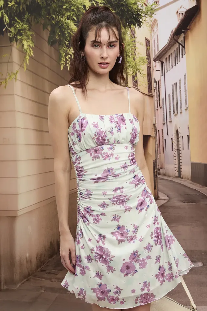 White Floral Ruched Mini Dress - Image 1