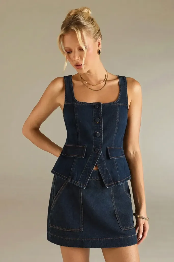 Dark Blue Square Neck Denim Top - Image 1