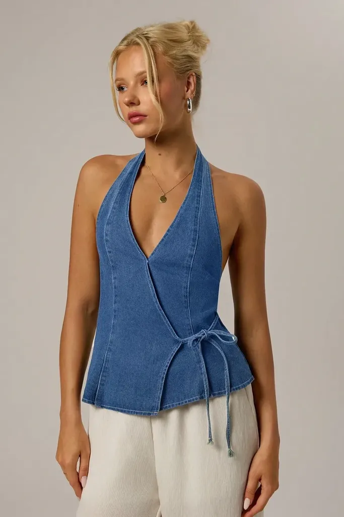 Blue Halter Wrap Denim Top - Image 1