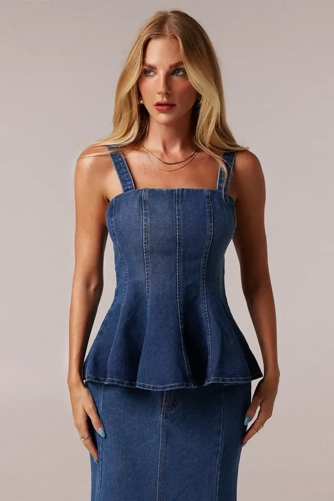 Blue Square Neck Peplum Denim Top - Image 1
