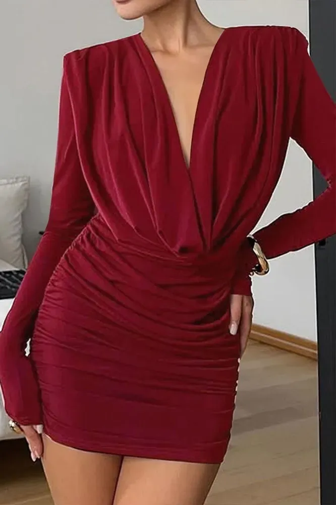 Maroon Ruched Plunge Neck Mini Dress - Image 1