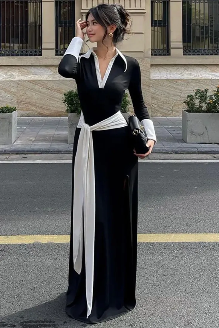 Black Collared Tie-Up Maxi Dress - NEWME