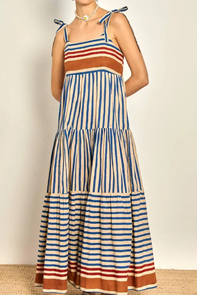 Blue Striped Tiered Maxi Dress - Image 1