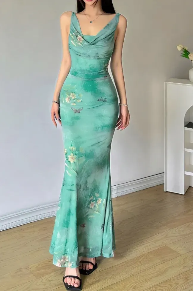 Mint Green Draped Cowl Neck Maxi Dress - NEWME