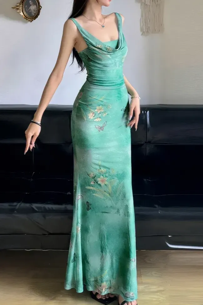 Mint Green Draped Cowl Neck Maxi Dress - NEWME